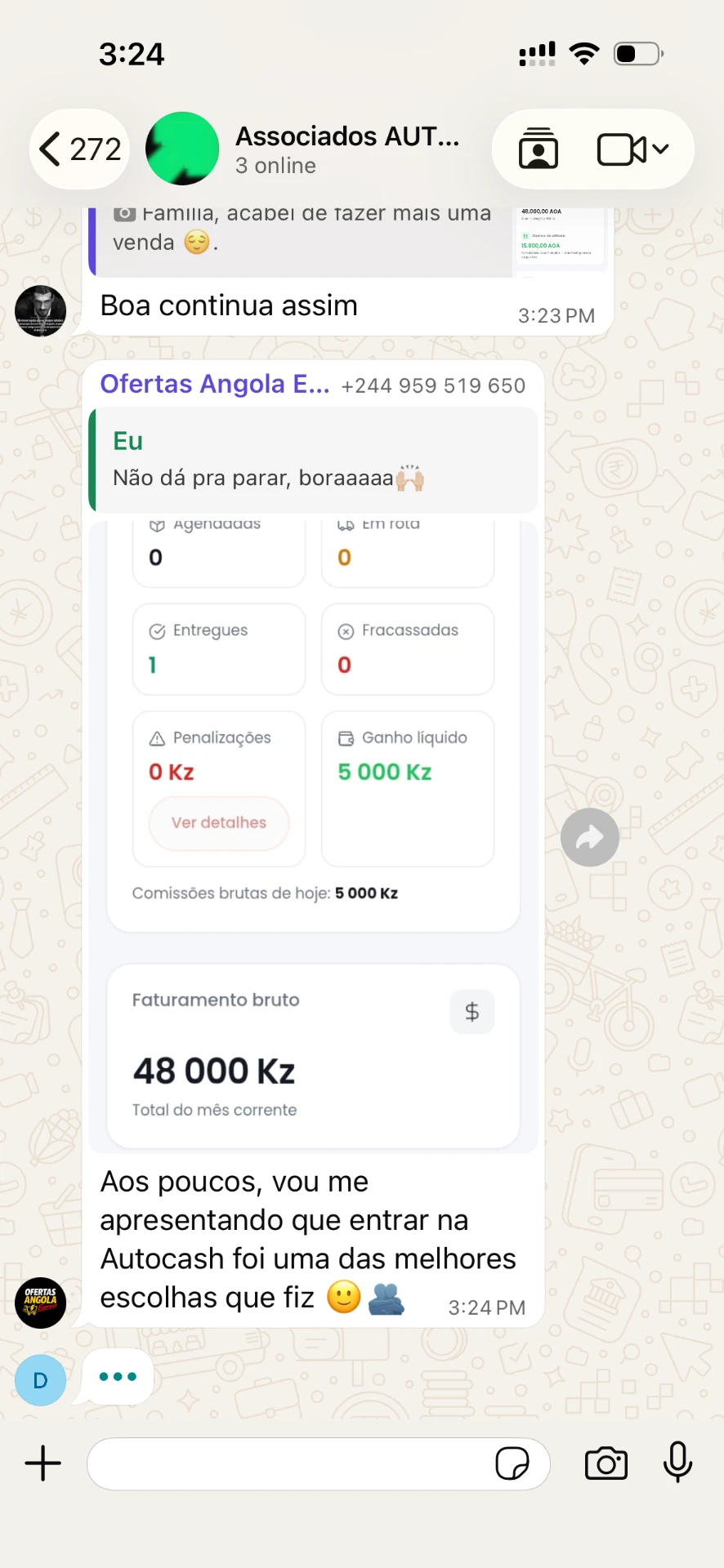 Conversa de WhatsApp de um associado AutoCash