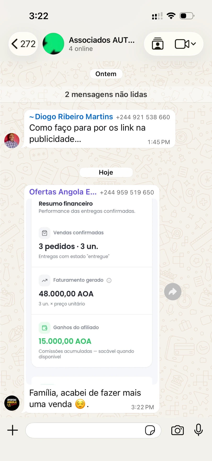 Conversa de WhatsApp de um associado AutoCash