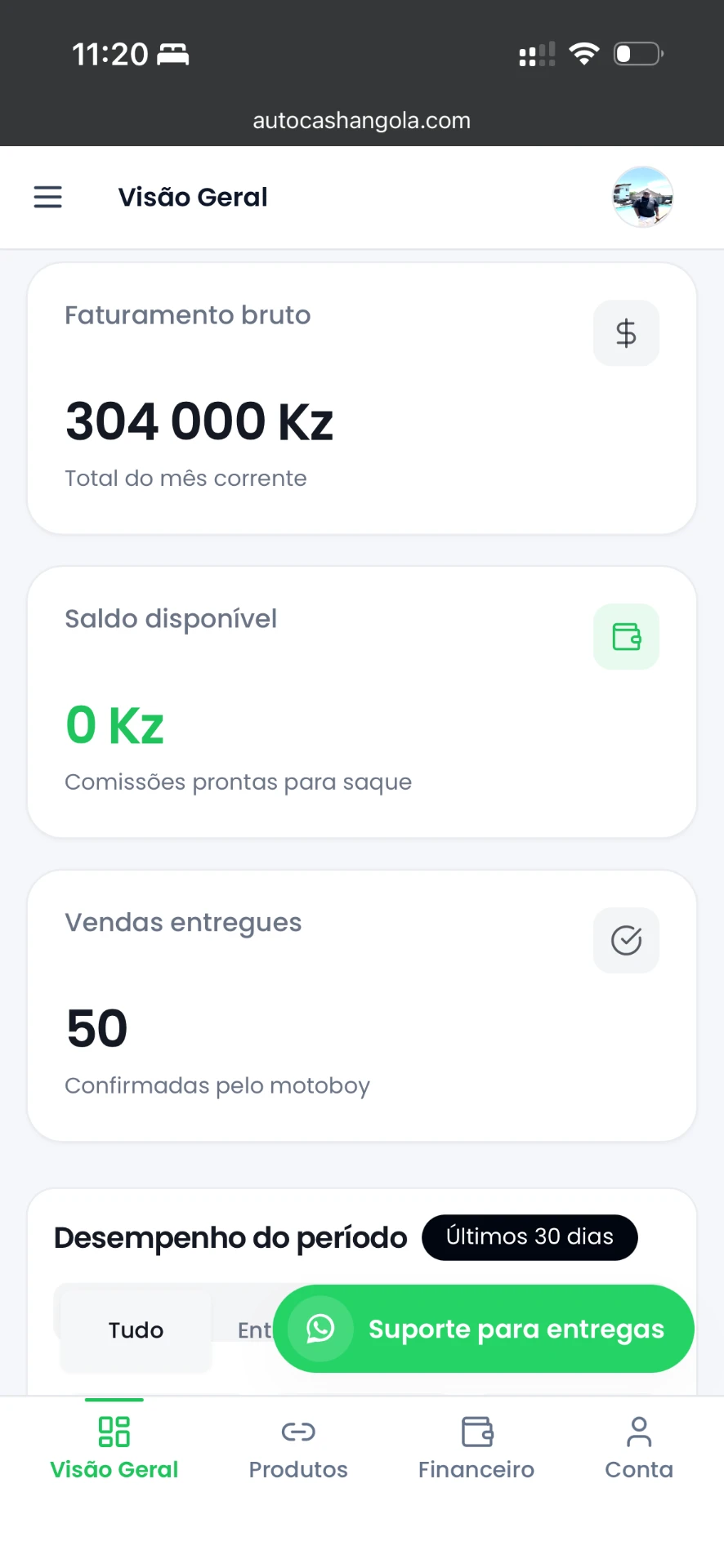 Visão geral da área do associado AutoCash com faturamento, saldo e vendas entregues