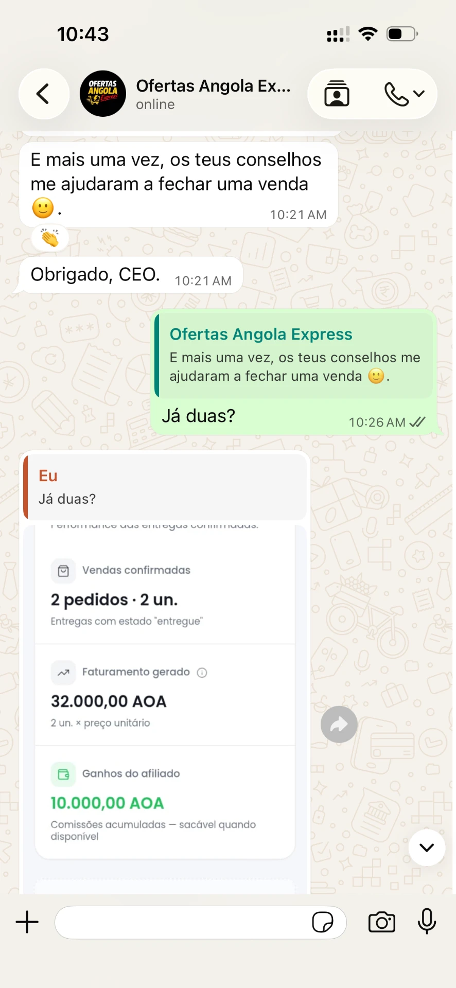 Conversa de WhatsApp de um associado AutoCash